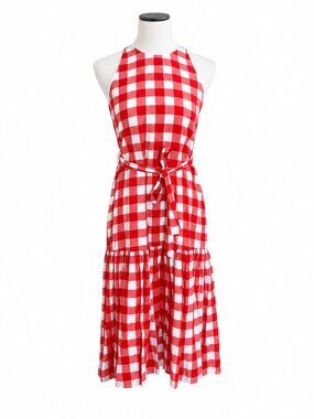 Ann Taylor Red White Gingham Tie Waist Tiered Midi Dress MP